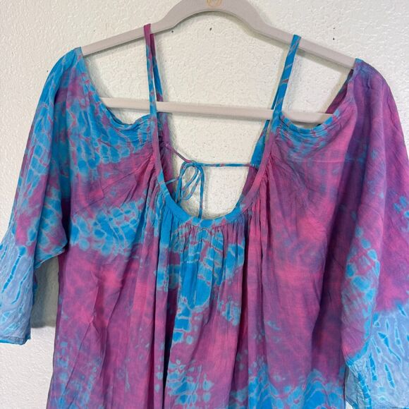 Sacred Threads Dress Women Medium Cold Shoulder Tie Dye Rayon Tunic Coverup Boho - Picture 2 of 11